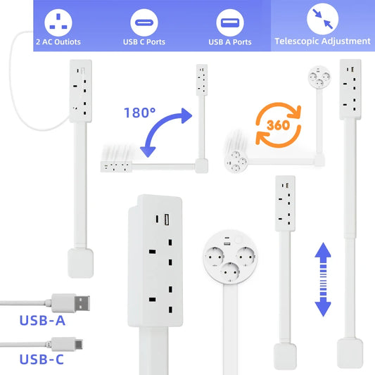Electrical Wall Plug Rotates Electrical Outlet Extender Adjustable Length Power Outlets Extender Power Socket for Night Stand